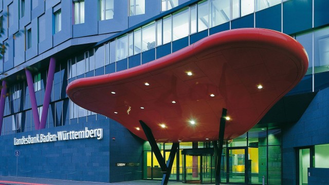 View of the entrance to LBBW headquarters in Karlsruhe