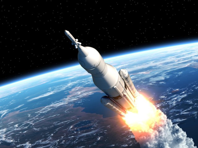 Rakete im Orbit &uuml;ber Erde Weltraum