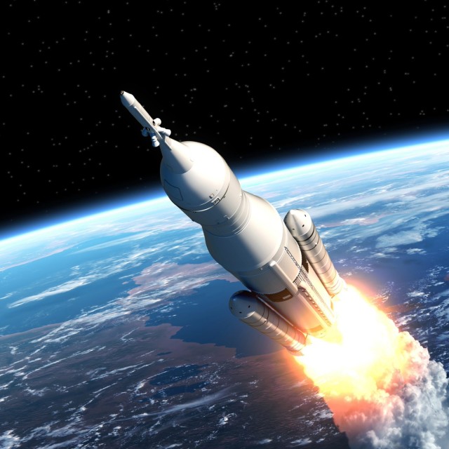 Rakete im Orbit &uuml;ber Erde Weltraum