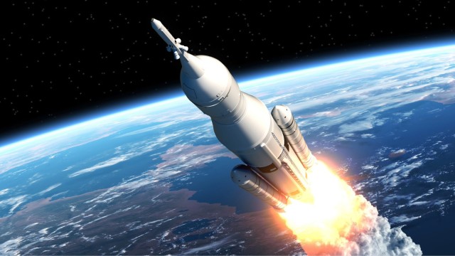 Rakete im Orbit &uuml;ber Erde Weltraum
