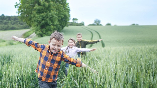Kinder rennen durch grünes Feld