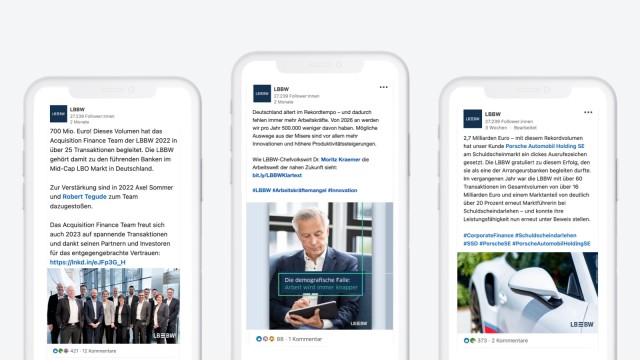 Collage von drei Smartphone mit Posts vom LBBW-LinkedIn-Kanal