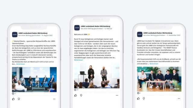Collage von drei Smartphone mit Posts vom LBBW-Xing-Kanal