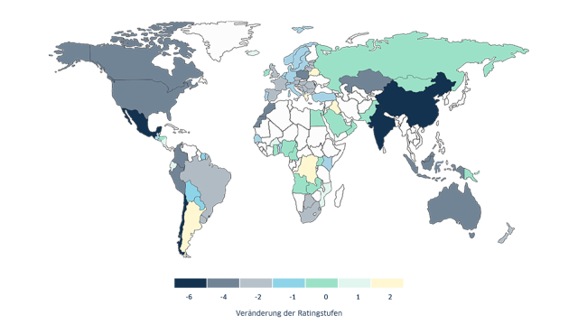 Weltkarte über Veränderung der Ratingstufen der Kreditwürdigkeit in einer Farbskala