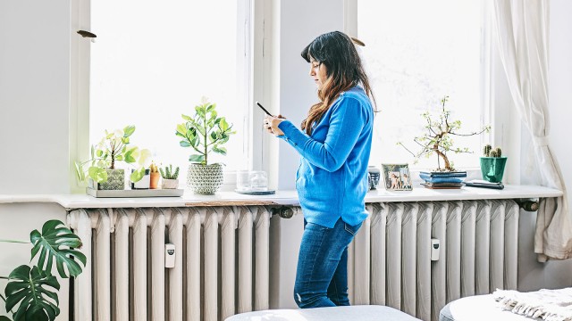 Frau in blauer Bluse steht vor einer Fensterbank und schaut auf Smartphone