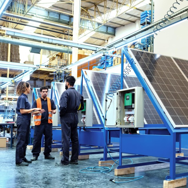 Arbeiter in einer Fabrik für Solarmodule