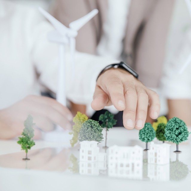 Small model trees and houses on a table