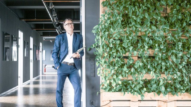 Man in front of office next to green wall 