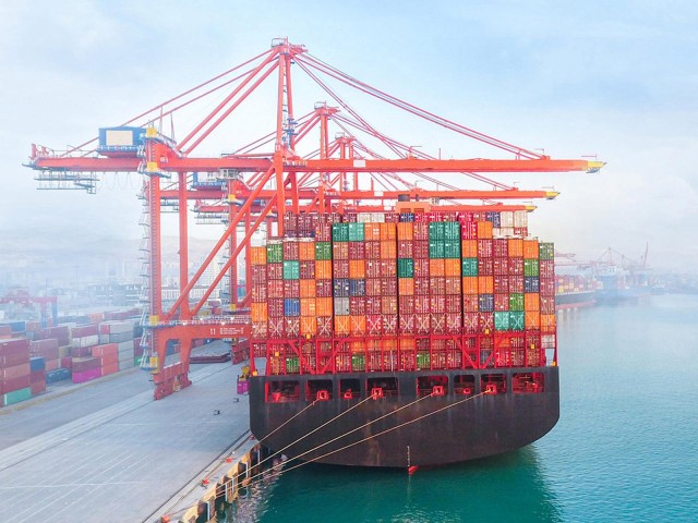 Containerschiff liegt im Hafen mit Kränen im Hintergrund